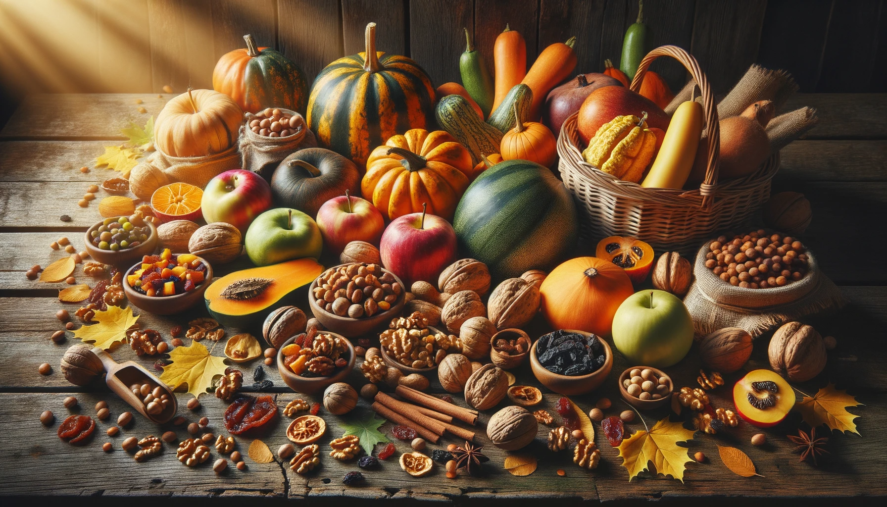 Aliments d'automne pour la santé disposés sur une table rustique en bois