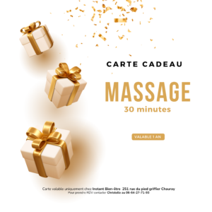 Carte cadeau massage de 30 minutes, idéale pour offrir un moment de relaxation et de bien-être